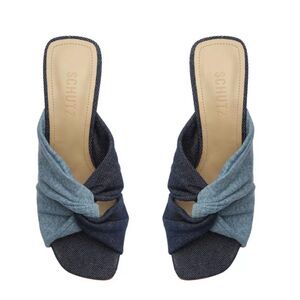 Schutz Wendy 2-Tone Twisted Denim Block Heel Slide Sandals 8
